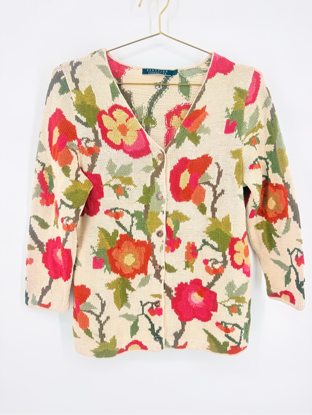 Peruvian Connection Floral Pima Cotton Cardigan Sweater Womens Small Boho Knit